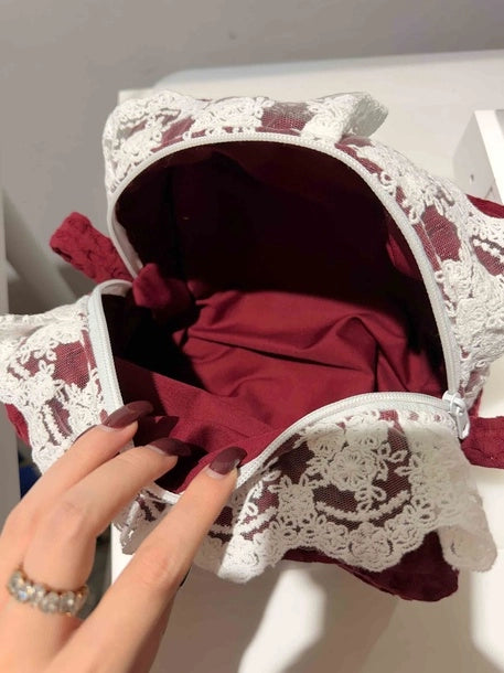 Kosmetyczka L z koronką bordo z personalizacją